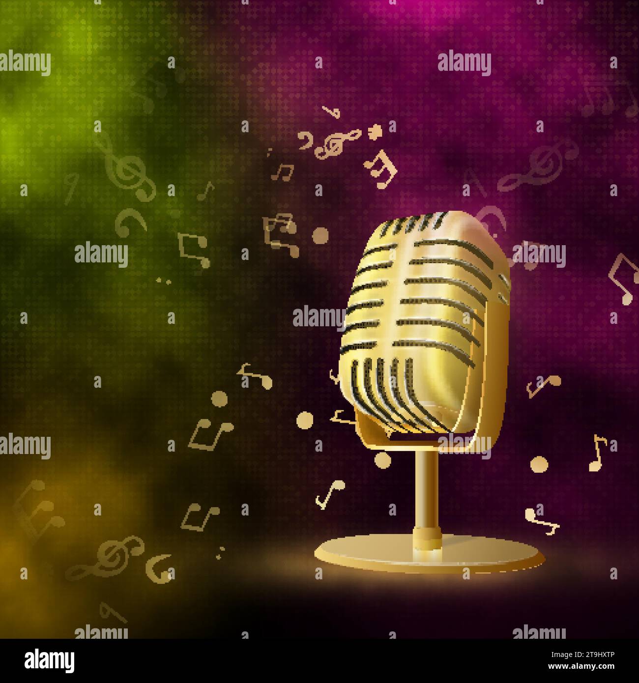 Karaoke party background with gold retro microphone. Colorful Smoke