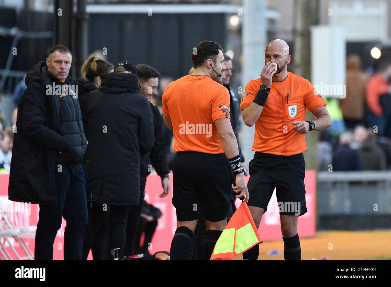 Newport, UK. 25th Nov, 2023. Referee Darren Drysdale wipes his mouth