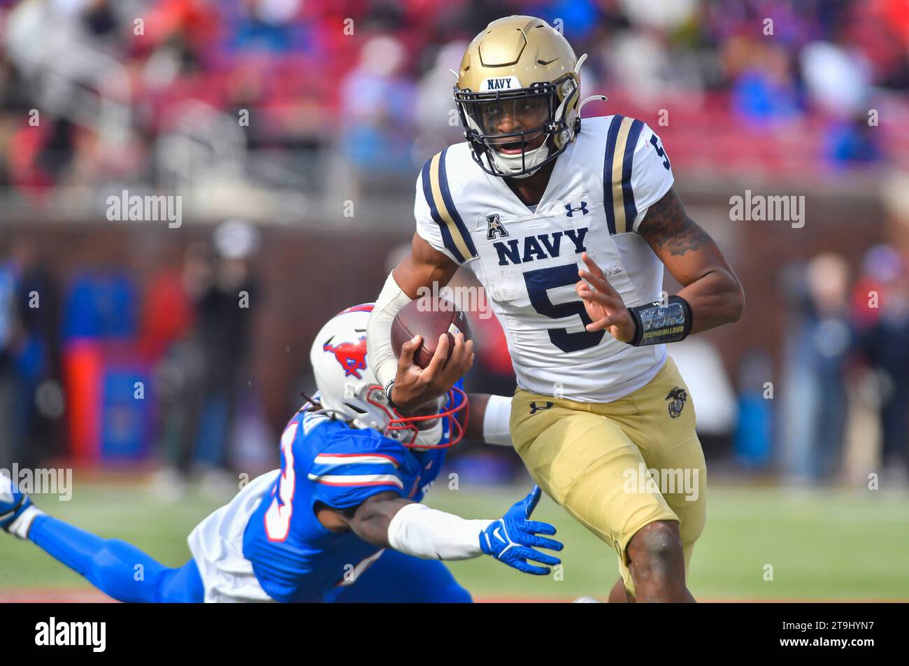 November 25, 2023: Navy Midshipmen quarterback Braxton Woodson outruns a SMU Mustang defender during the third quarter of a college football game at Gerald J. Ford Stadium in Dallas, TX. Austin McAfee/CSM Stock Photo