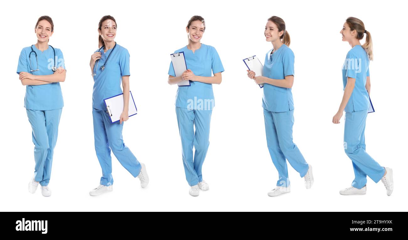 Medical nurse in scrubs on white background, set of photos Stock Photo