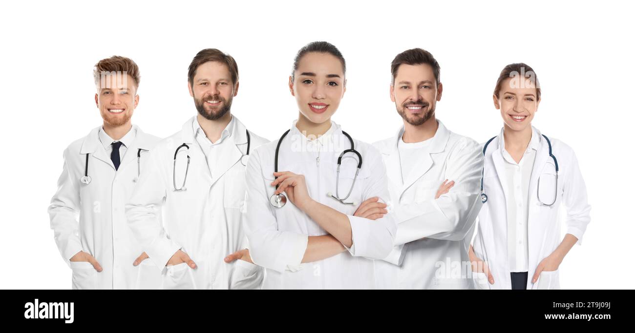 Happy medical nurses on white background, set of photos Stock Photo