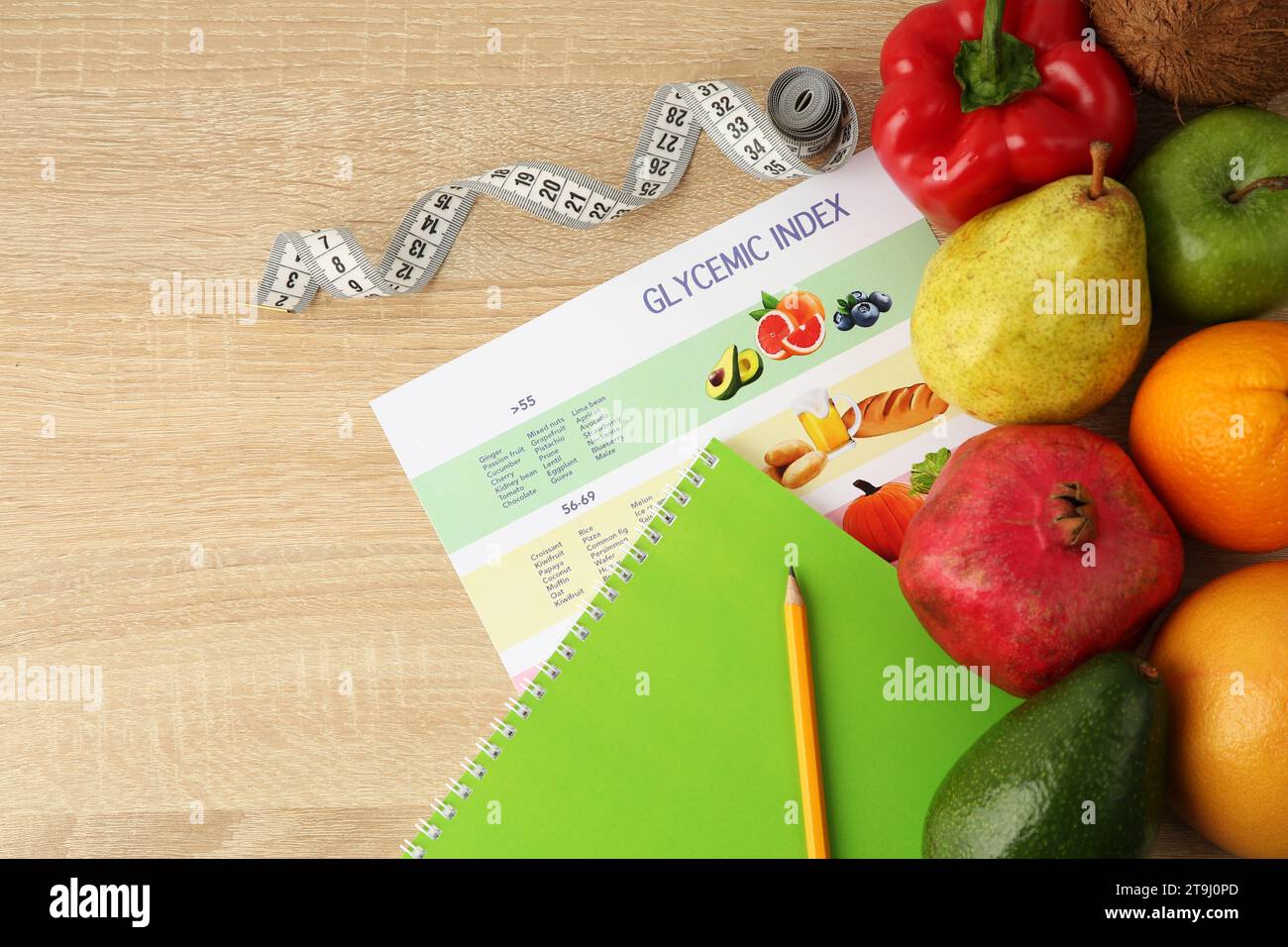 Flat lay composition with products and Glycemic index chart on wooden table, space for text Stock Photo