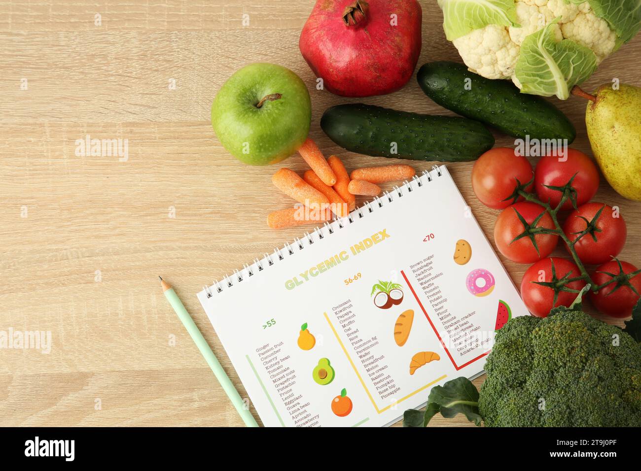 Flat lay composition with products and glycemic index chart on wooden table, space for text Stock Photo