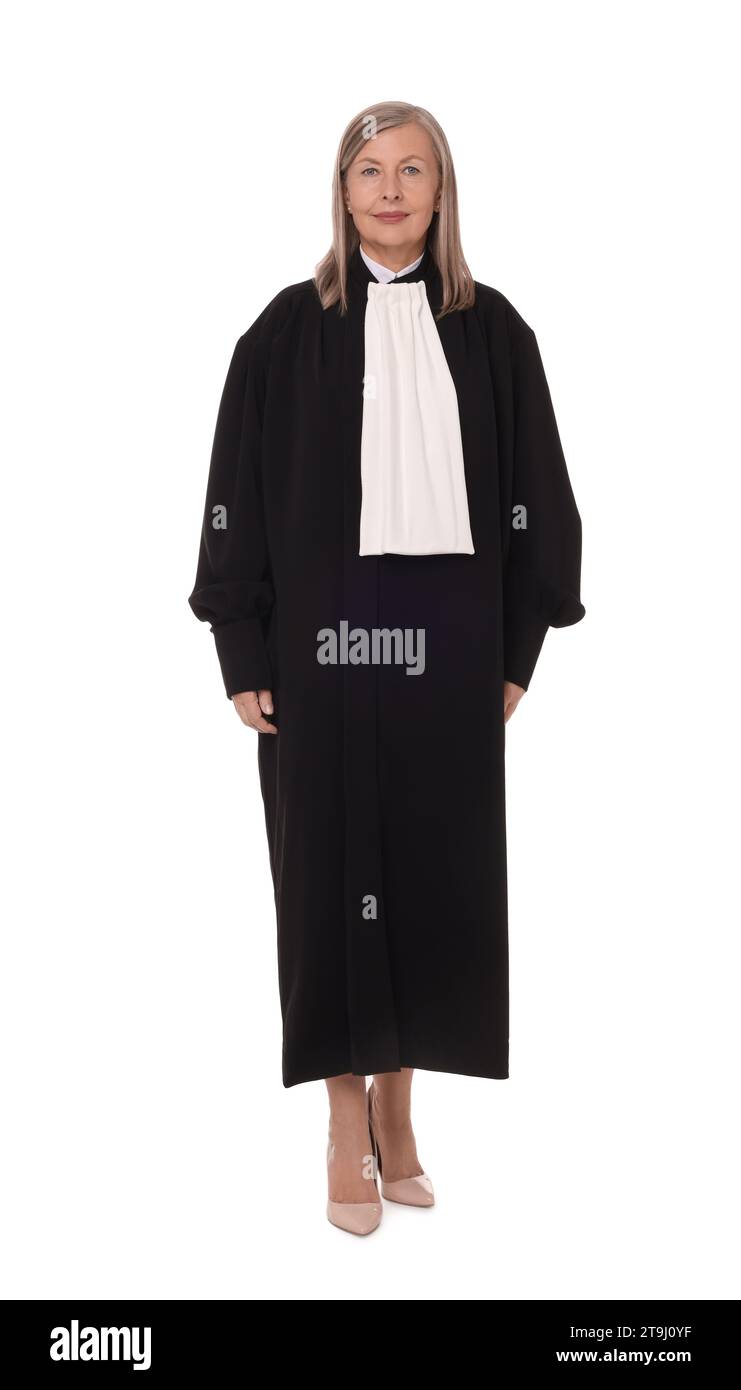 Beautiful senior judge in court dress on white background Stock Photo