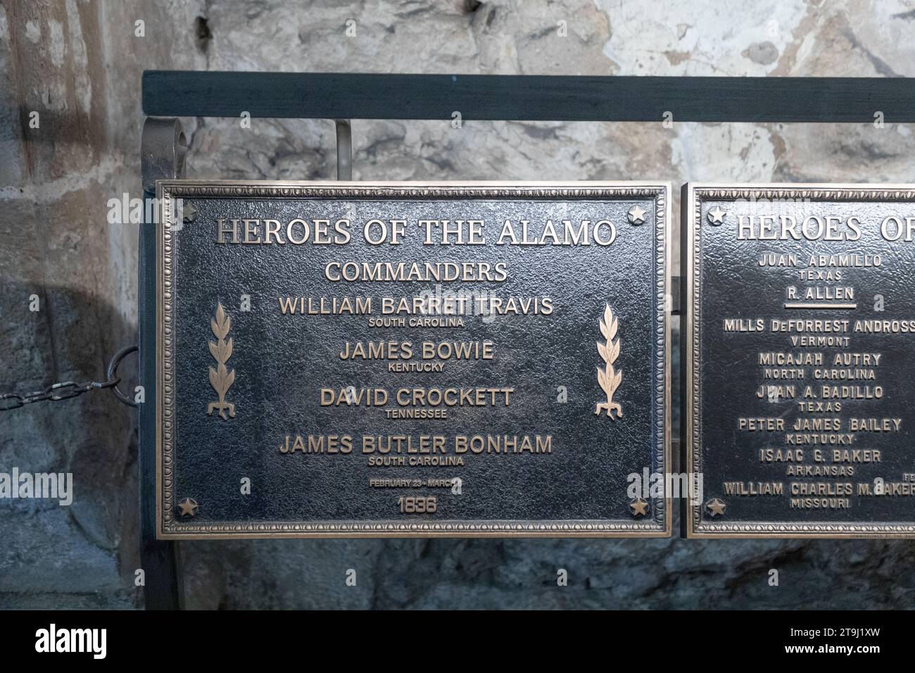 San Antonio, USA - October 31, 2023:  plate with the names of the fallen commanders at the Alamo battle. Stock Photo