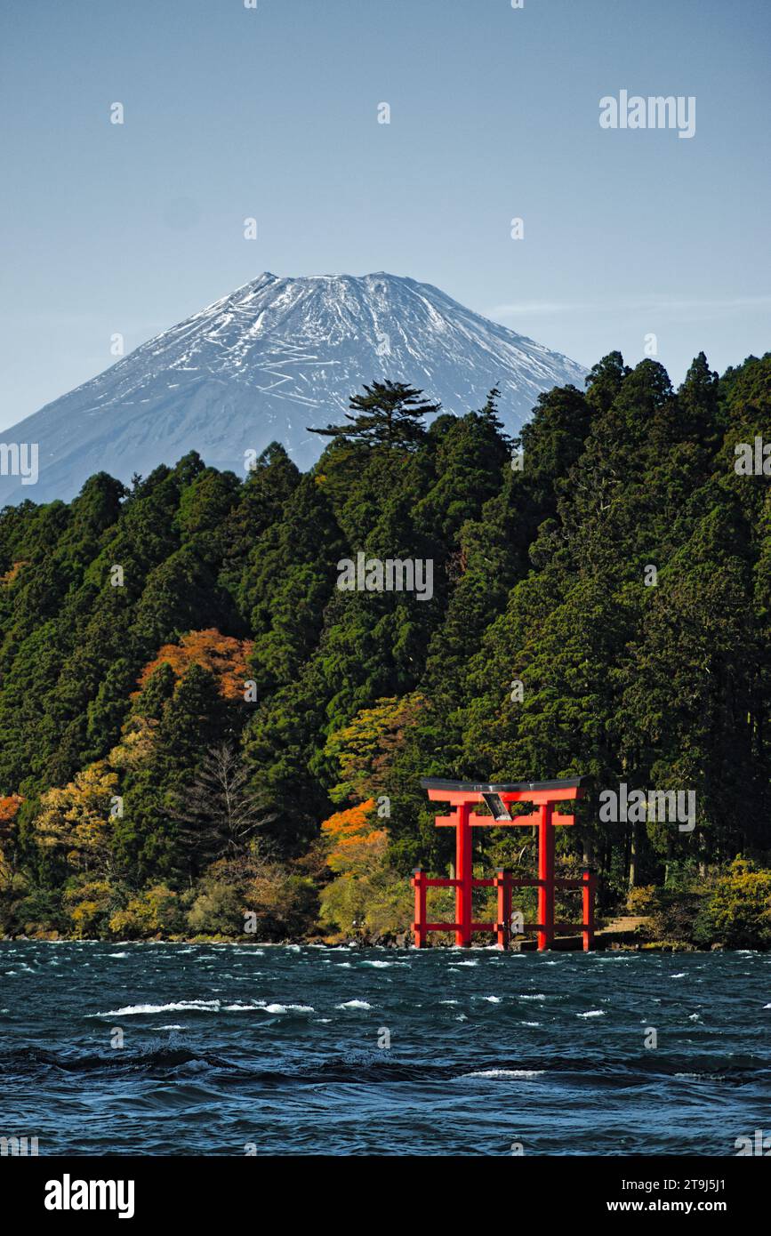 Lake Ashi and looming Mt. Fuji Stock Photo