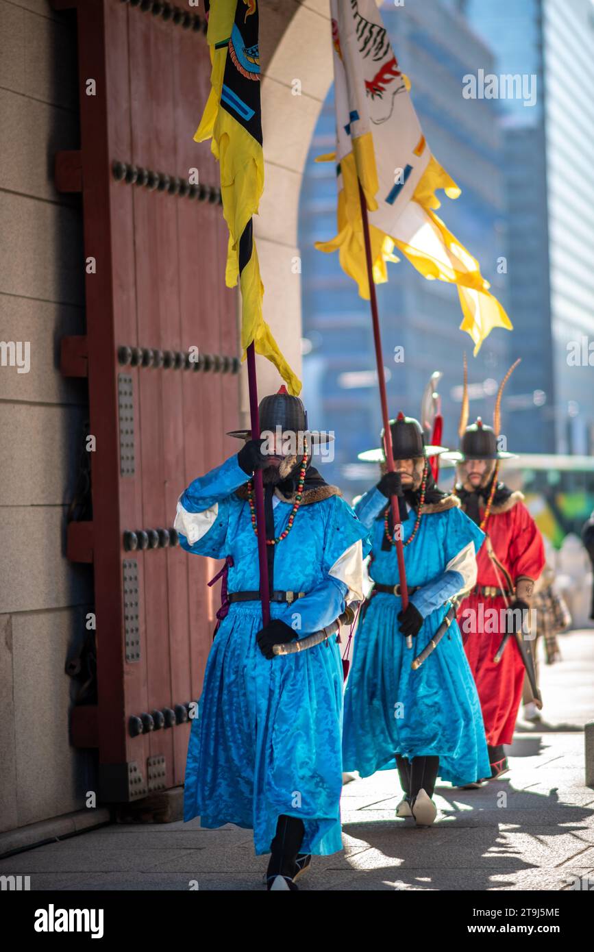 Reenactment of change of Korean royal guards ceremony in historical Joseon costumes in Gyeongbokgung palace in Seoul, capital of South Korea on 25 Nov Stock Photo