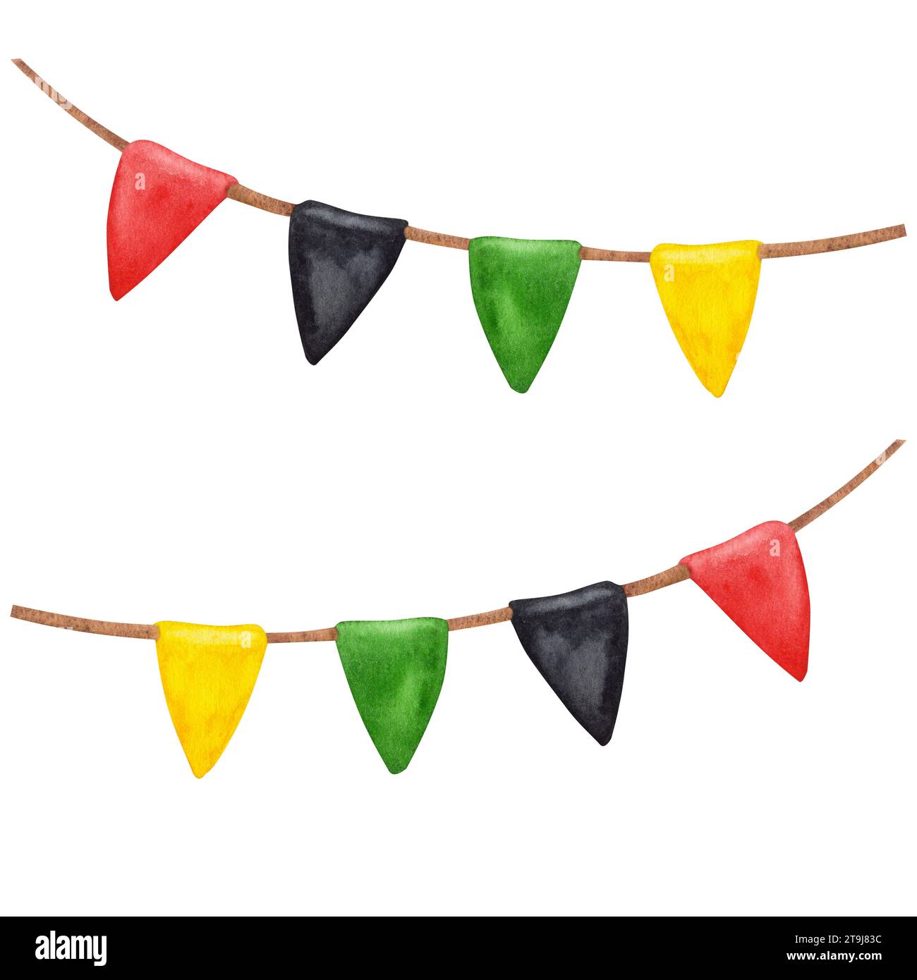 Triangular colorful flags garland red green black yellow. Kwanzaa holiday. Black history month. Hand drawn watercolor illustration isolated background Stock Photo