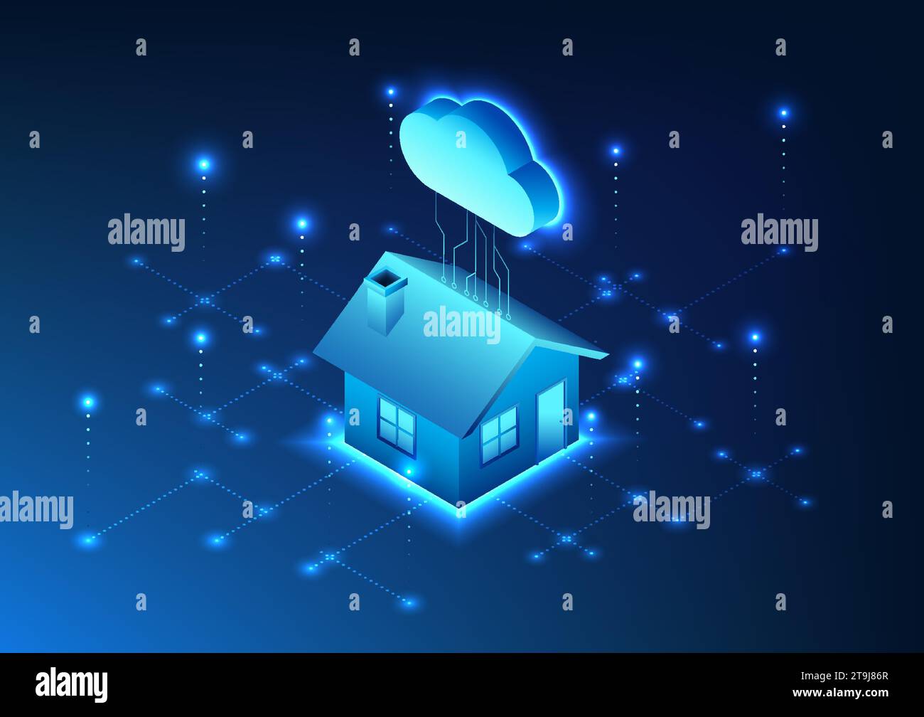 Internet of Things technology The house is connected to the cloud with technological circuits. Shows the connection of devices through the cloud syste Stock Vector