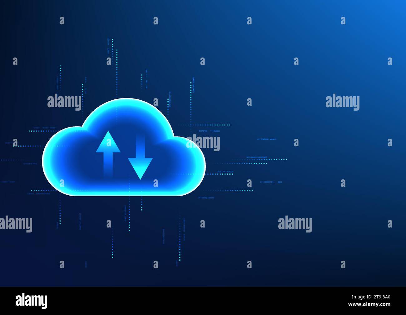 Cloud technology connected to the circuit and has an arrow inside Shows data storage and transfer from anywhere in real time. Technology Vector illust Stock Vector