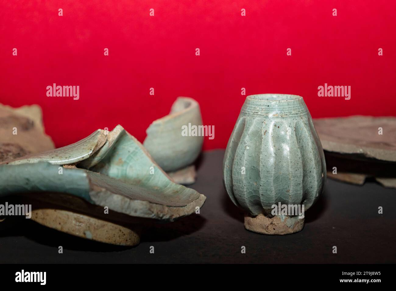 Display of ancient ceramics, museum of Sangkhalok Kiln Study and Preservation center, Si Satchanalai, Sukhothai, Thailand, Southeast Asia, Asia Stock Photo