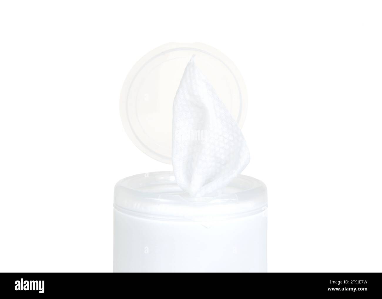 Close up on top of a white pop up disinfecting wipes container