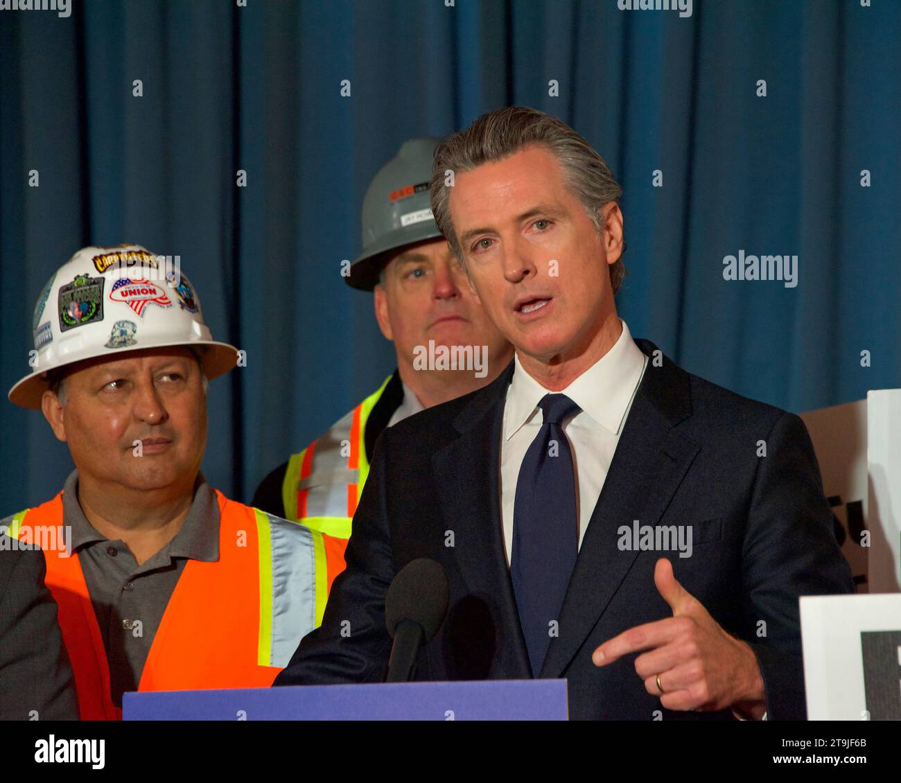 San Francisco, CA - Sept 28, 2022: Governor Gavin Newsom speaking prior to signing legislation to streamline the housing approval process in CA and cr Stock Photo