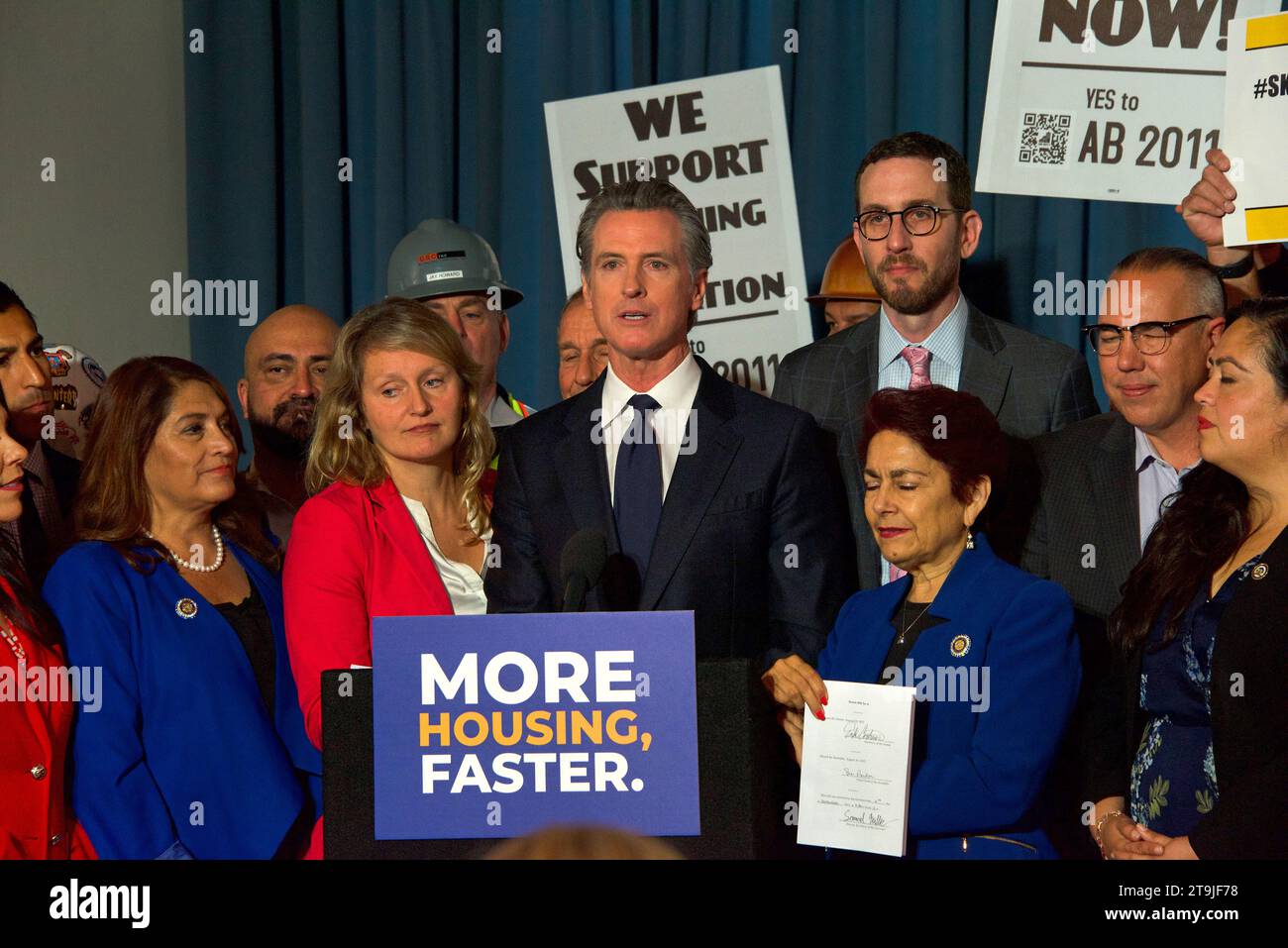 San Francisco, CA - Sept 28, 2022: California Governor Gavin Newsom answering questions after signing legislation to streamline the housing approval p Stock Photo