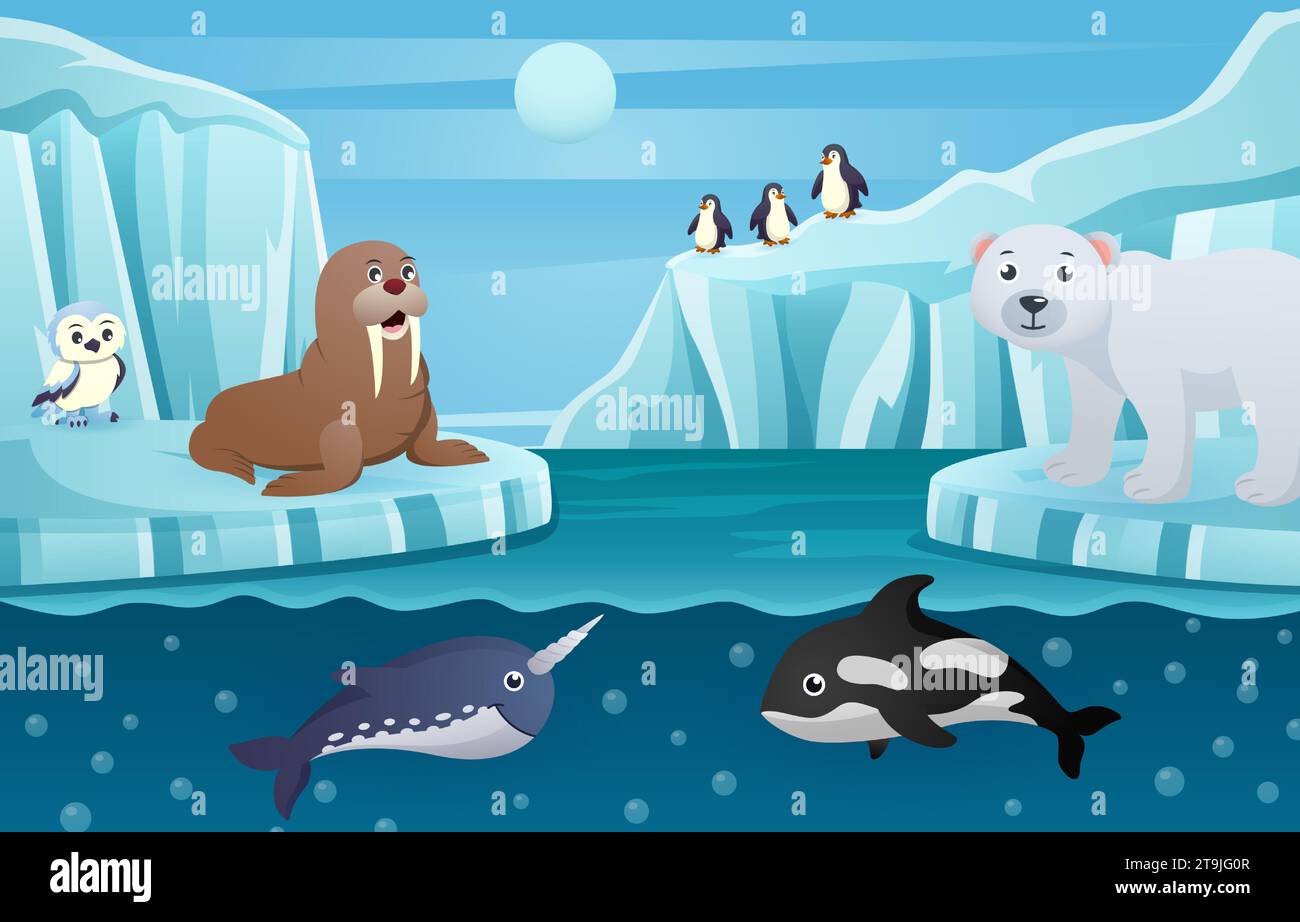 Antarctic scene with many animals . Vector . Stock Vector