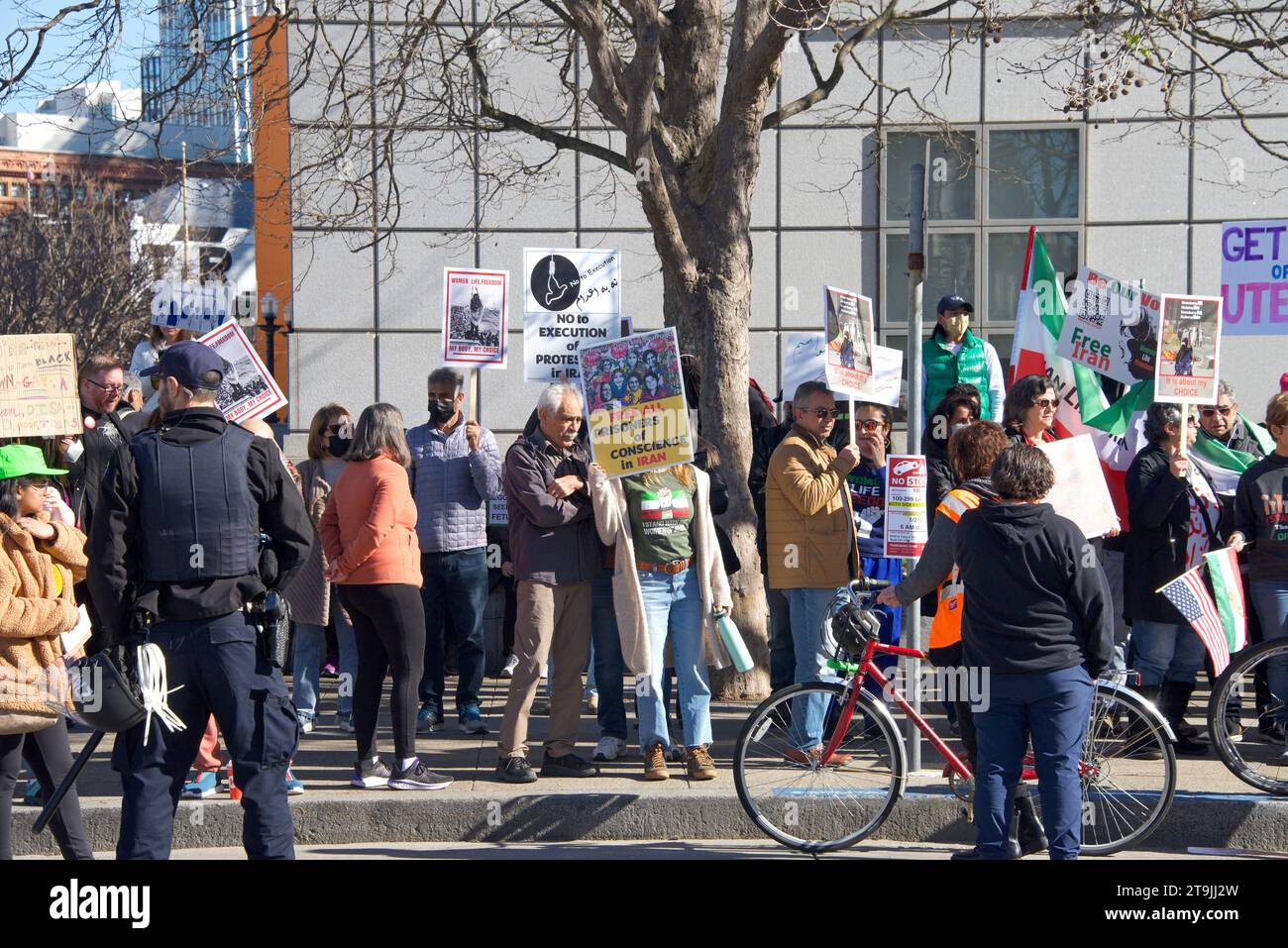 San Francisco, CA - Jan 21, 2023: Unidentified pro-choice counter protestors at the annual March for Life, holding pro-choice signs and banners across Stock Photo