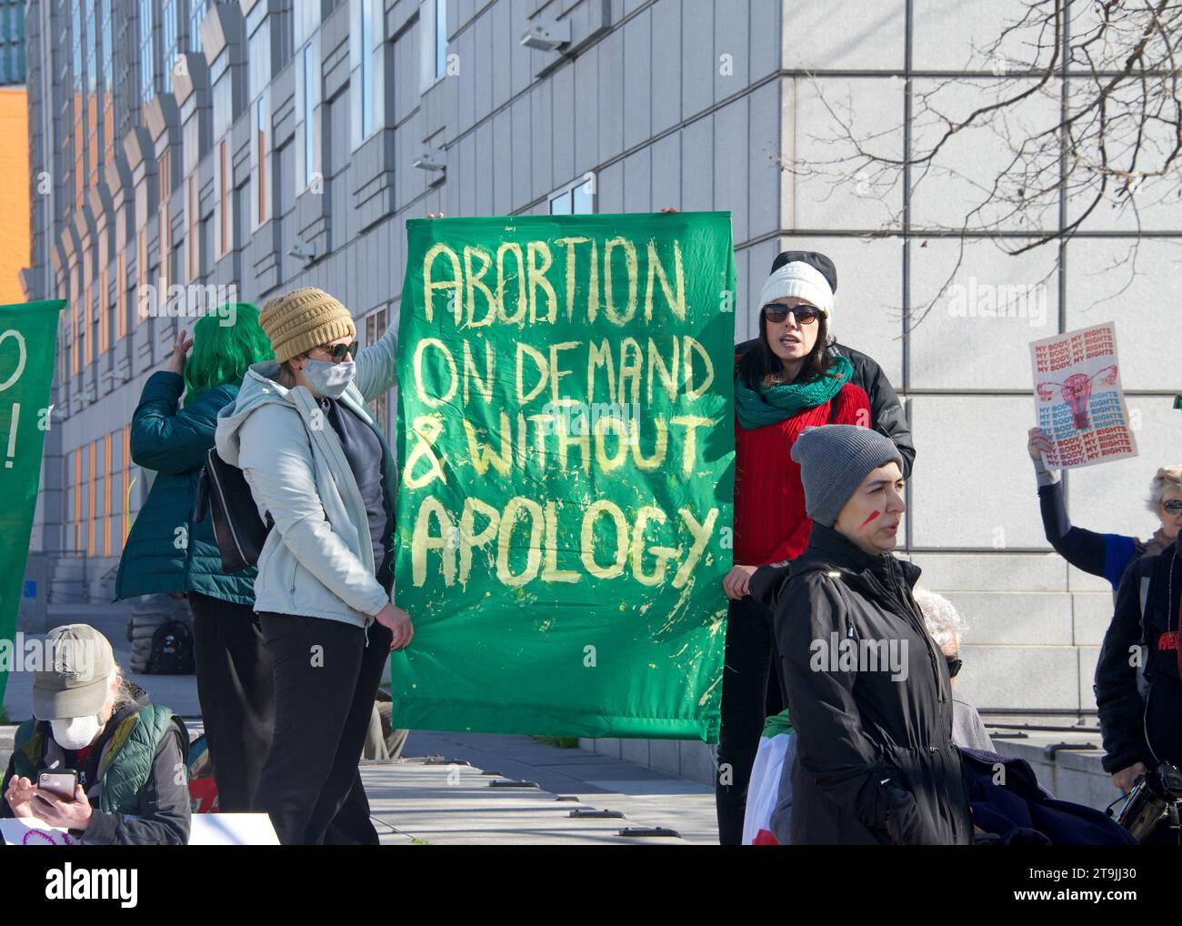 San Francisco, CA - Jan 21, 2023: Unidentified pro-choice counter protestors at the annual March for Life, holding pro-choice signs and banners across Stock Photo