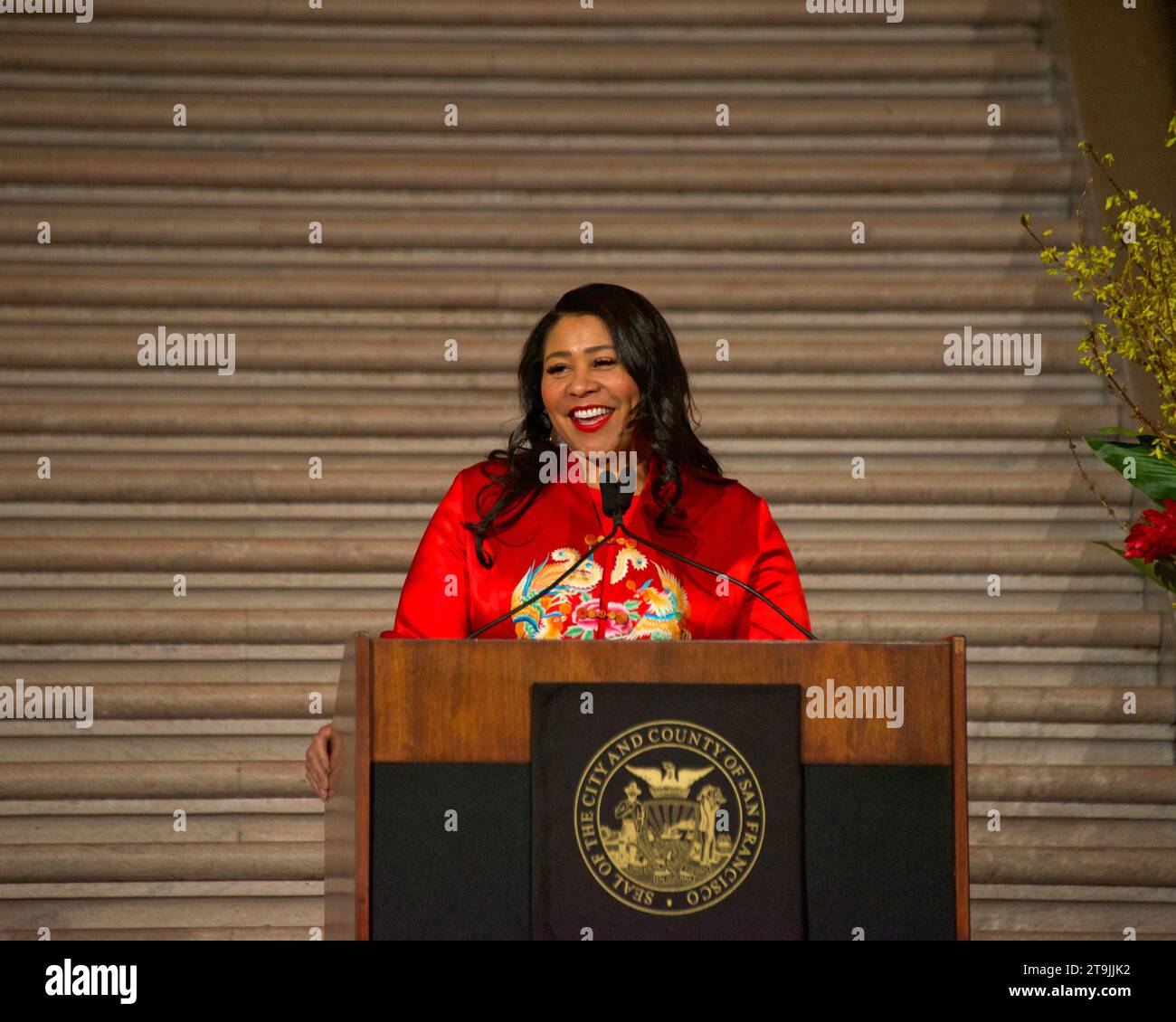 San Francisco, CA - Jan 30, 2023: Mayor London Breed speaking at Lunar ...
