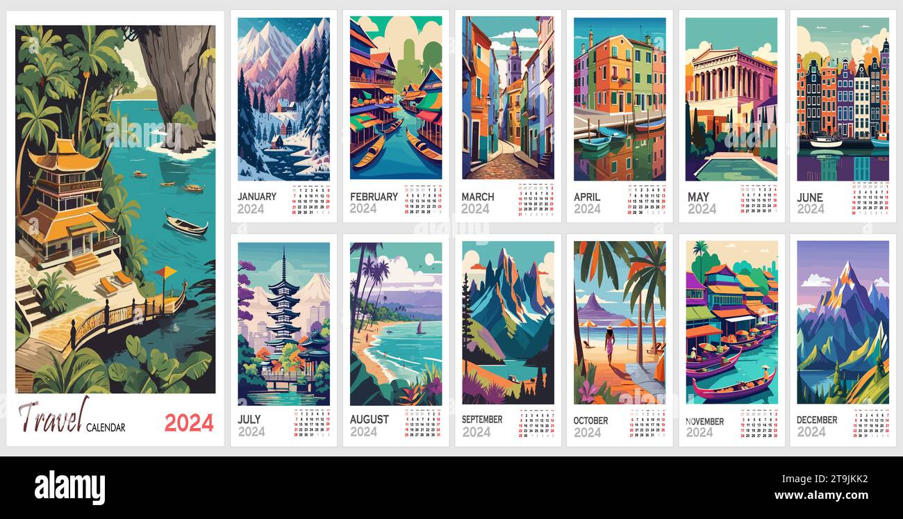 Wall Travel destinations calendar for 2024 vector Stock Vector Image