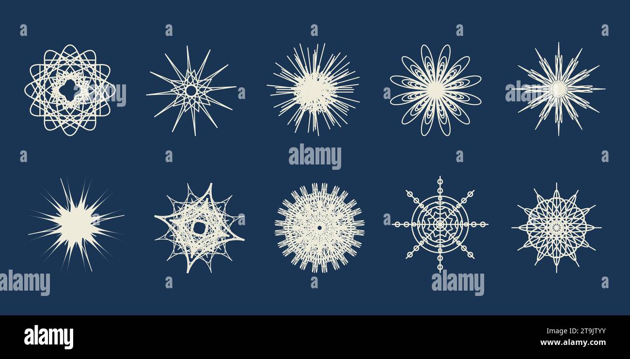 Set snowflakes different on a dark background. Separate elements for any design. Vector flat illustration. Stock Vector