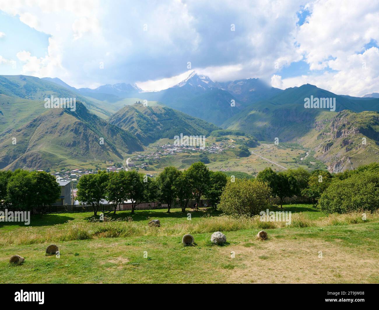 Stunning view of Caucasus Mountains, Mount Kazbek and the Gergeti ...