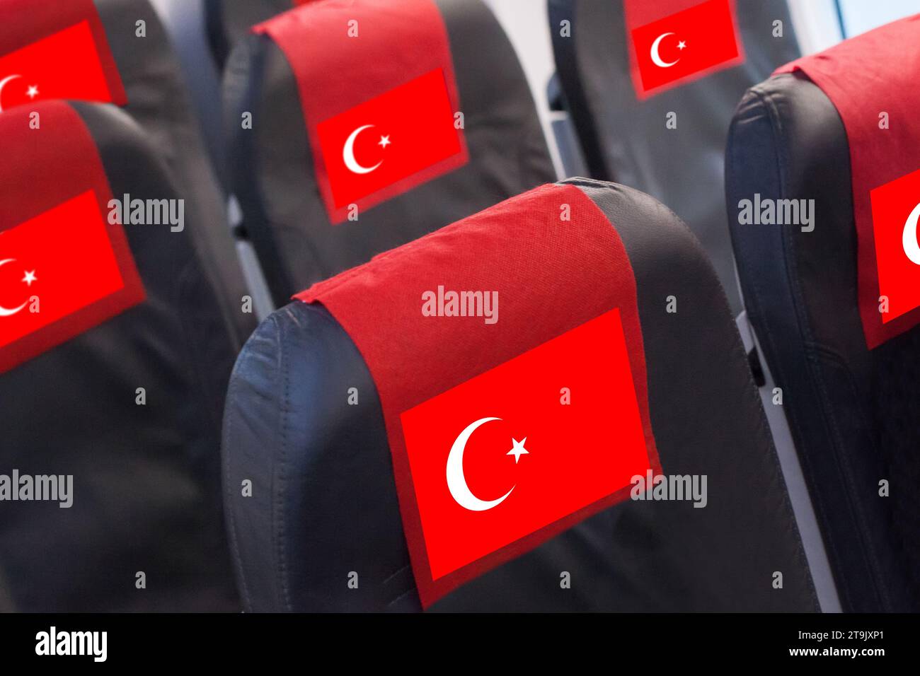 Empty seat in plane with Turkish Flag. Travel, flight and transportration in Turkey concept Stock Photo