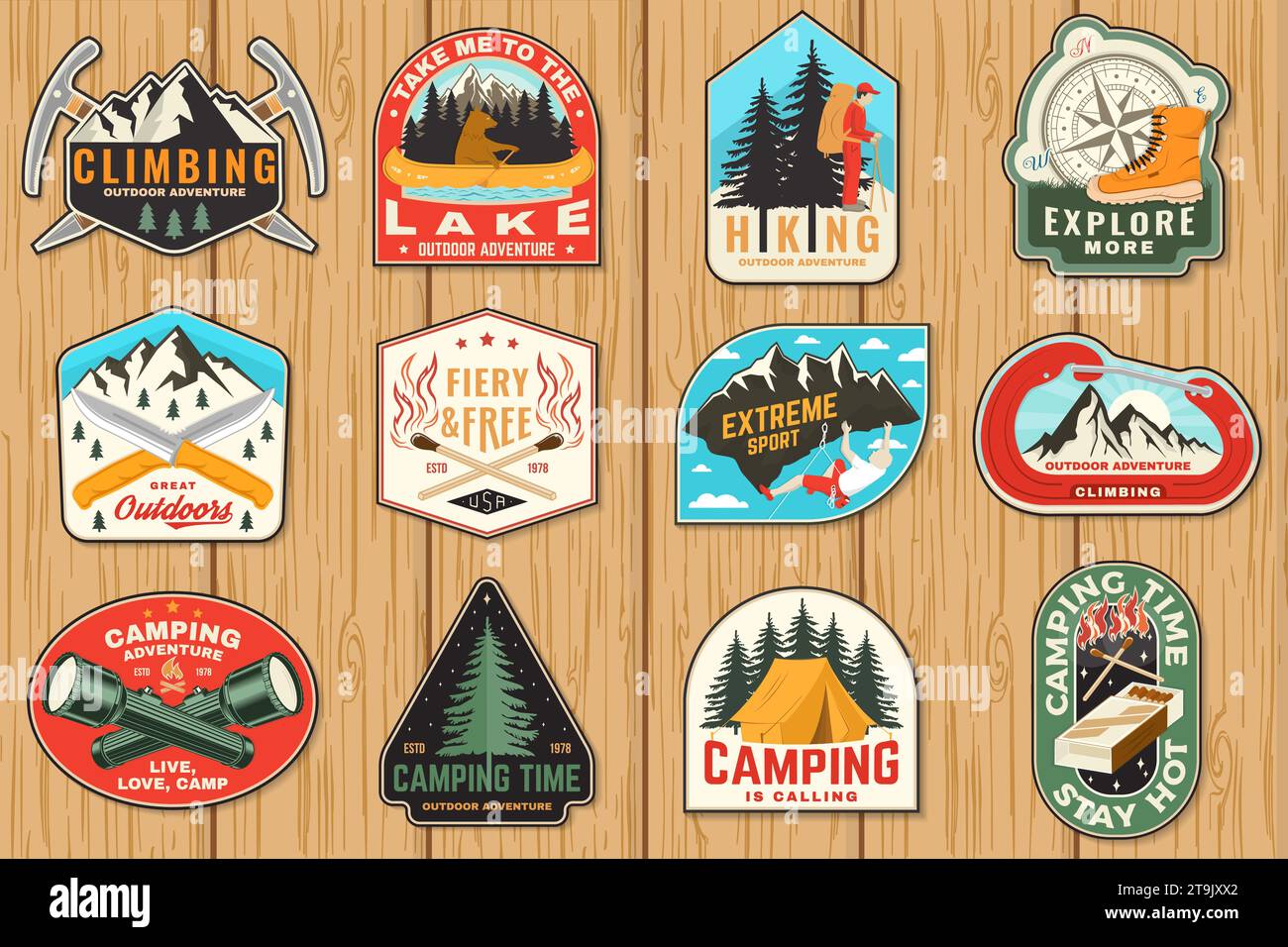 Set of camping patch, sticker. Outdoor adventure vector badge design. Vintage typography design with knives, bear in canoe, matches stick, burning Stock Vector