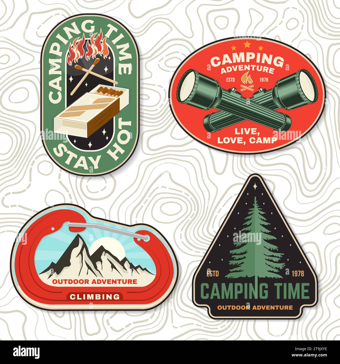 Set of outdoor adventure sticker. Vector. Vintage typography design with camping flashlight, forest pine tree, climber, matches box, matches stick and Stock Vector