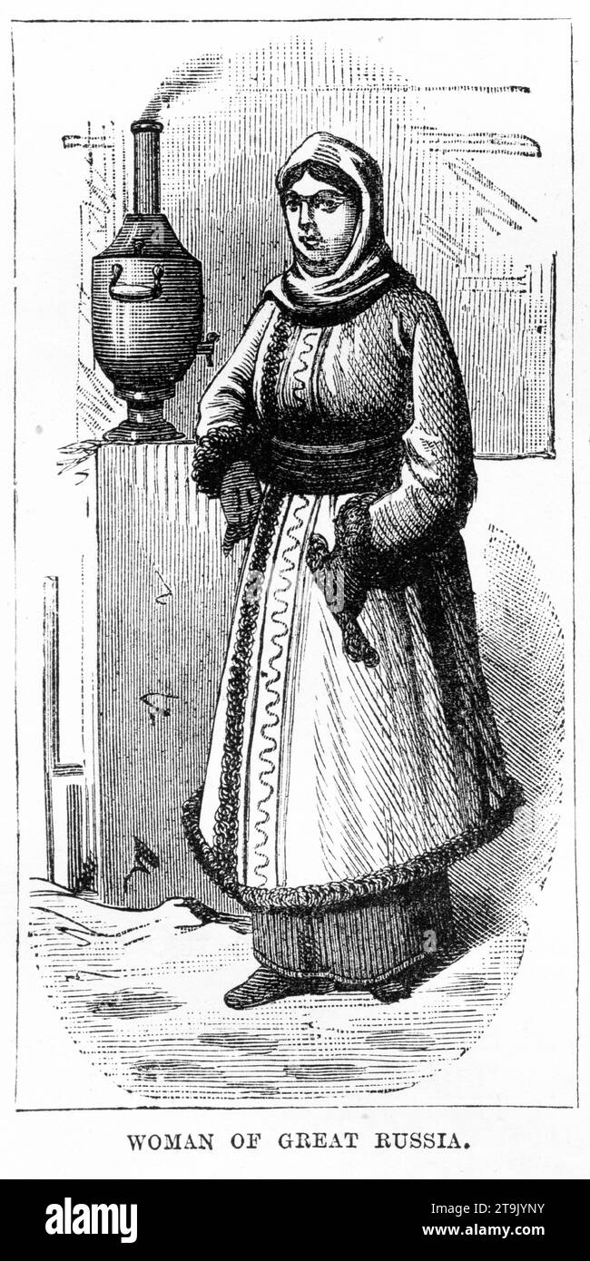 Engraved portrait of a woman from Great Russia in traditional costumes. Published circa 1887 Stock Photo