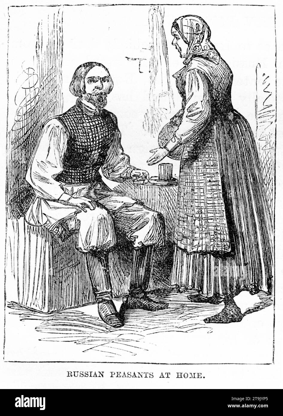 Engraved portrait of Russian peasants at home, in their traditional costumes. Published circa 1887 Stock Photo