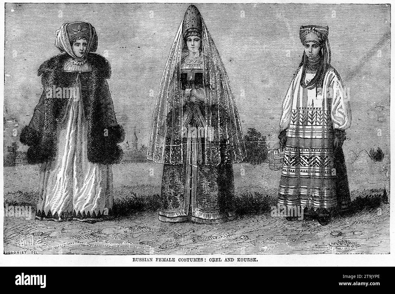 Engraved portrait of Russian peasant women from Obel and Koursk in