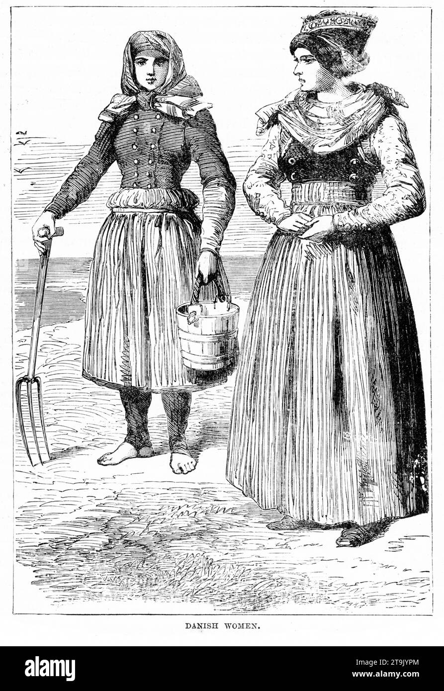 Engraved portrait of Danish peasant women in traditional costumes. Published circa 1887 Stock Photo