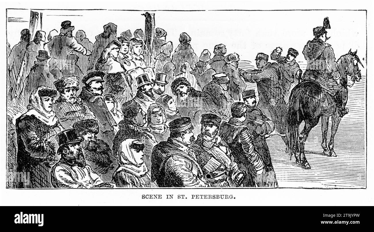 Engraved scene of a crowd of Russians in St Petersburg. Published circa 1887 Stock Photo