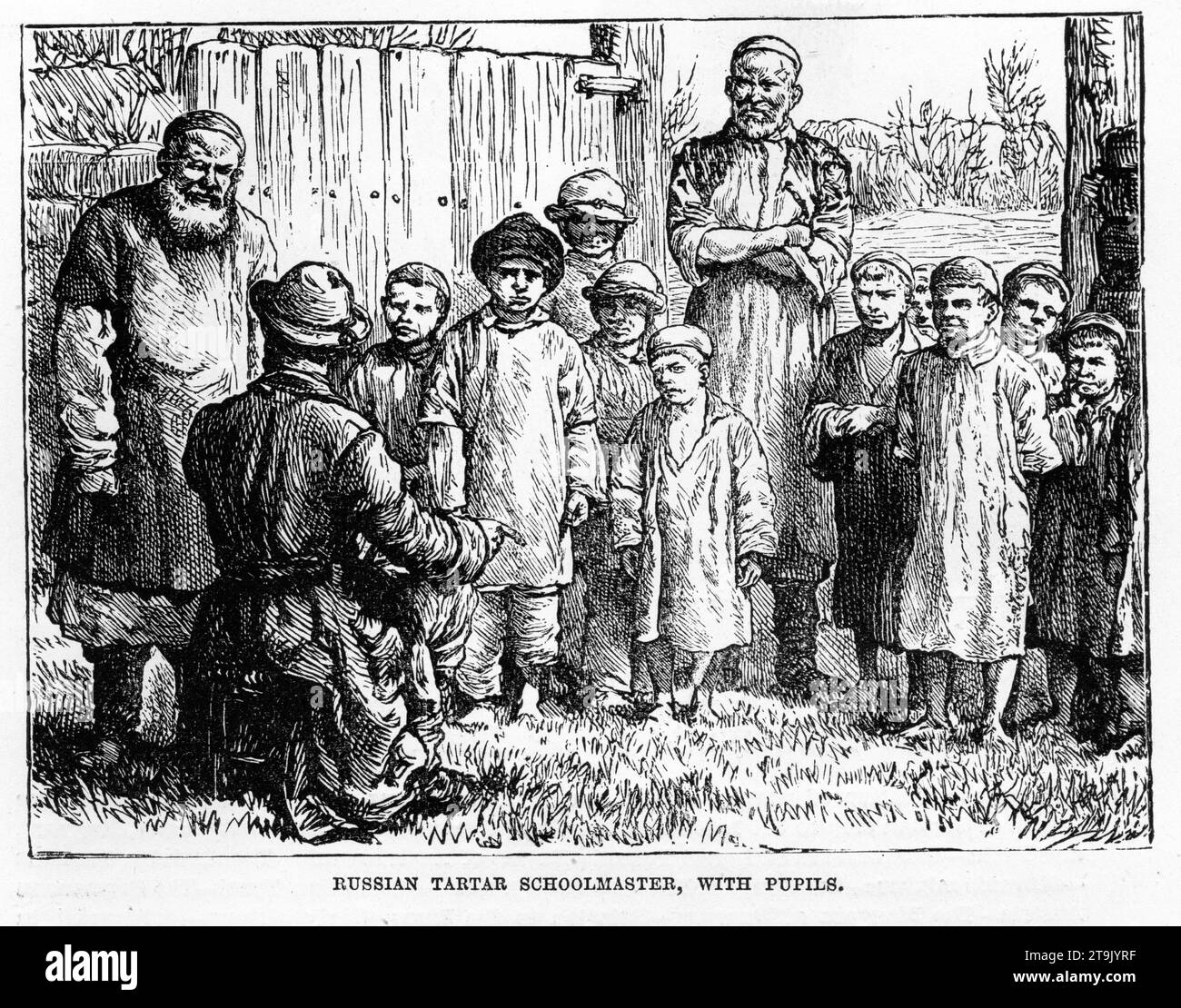 Engraving of a Russian Tartar schoolmaster with his students. Published circa 1887 Stock Photo