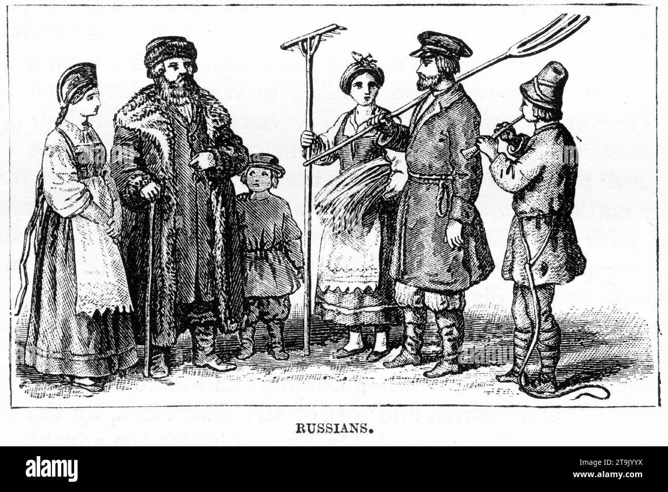 Engraved portrait of a group of Russian peasants in traditional costumes. Published circa 1887 Stock Photo