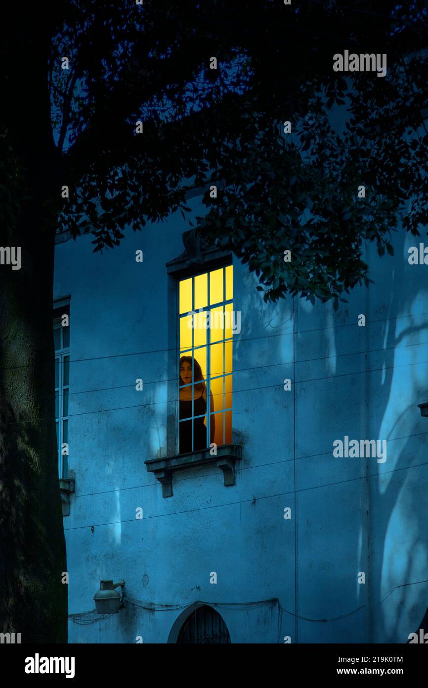 Woman at Lit Window Of Building at Night (Creative) Stock Photo