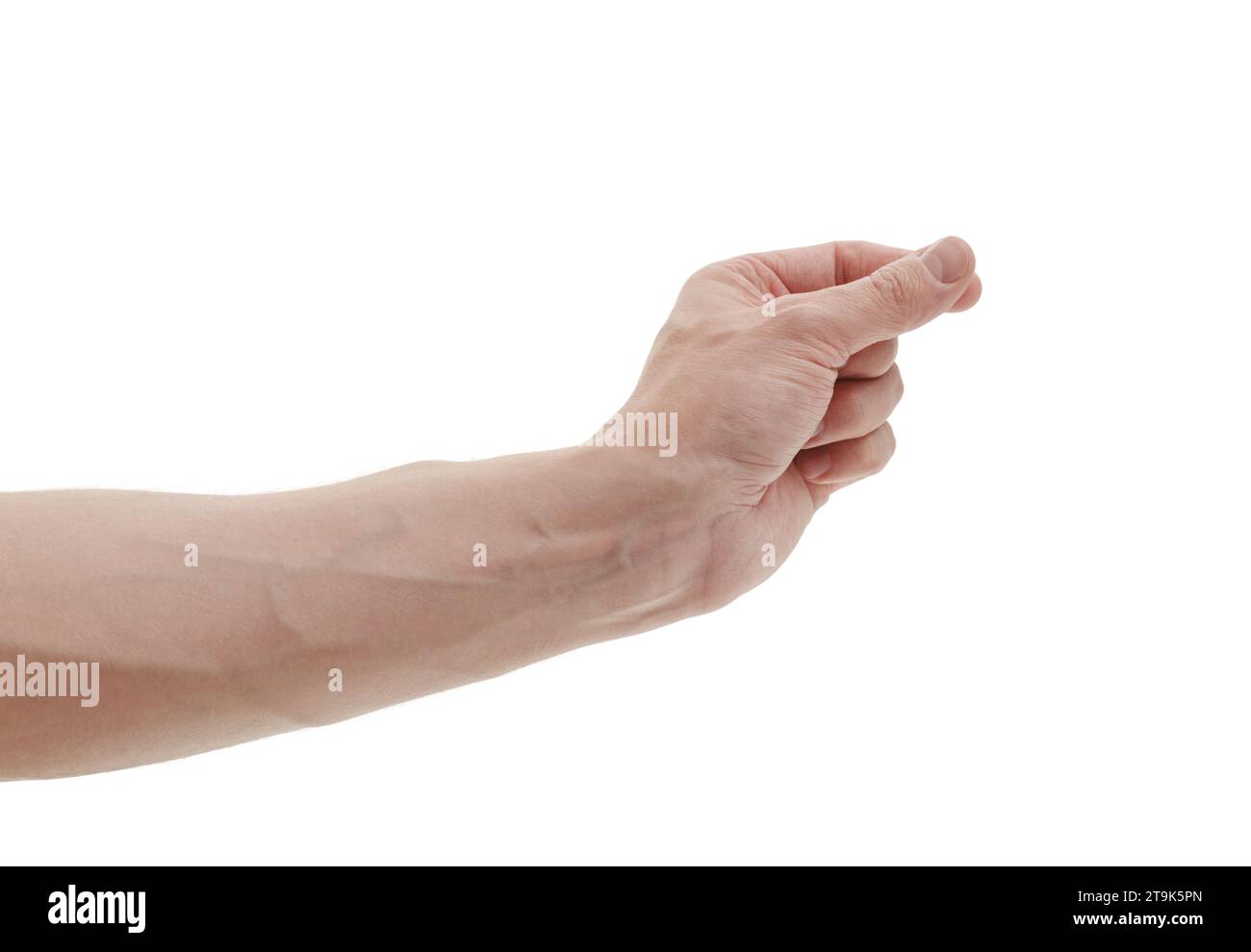 Man hand to hold something with fingers isolated on white background ...