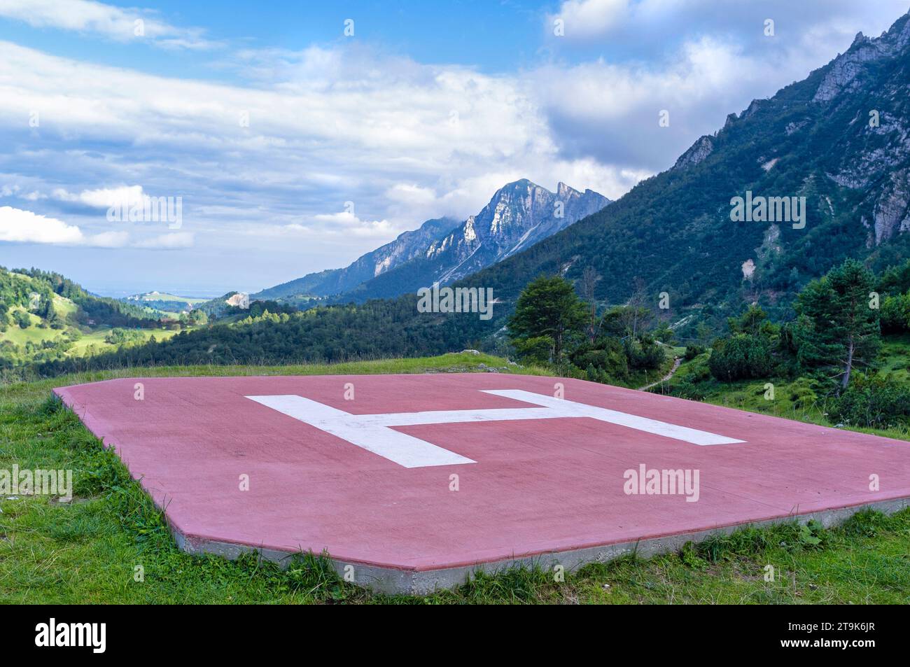 Mountain rescue helicopter landing pad, on the top of the mountain Stock Photo