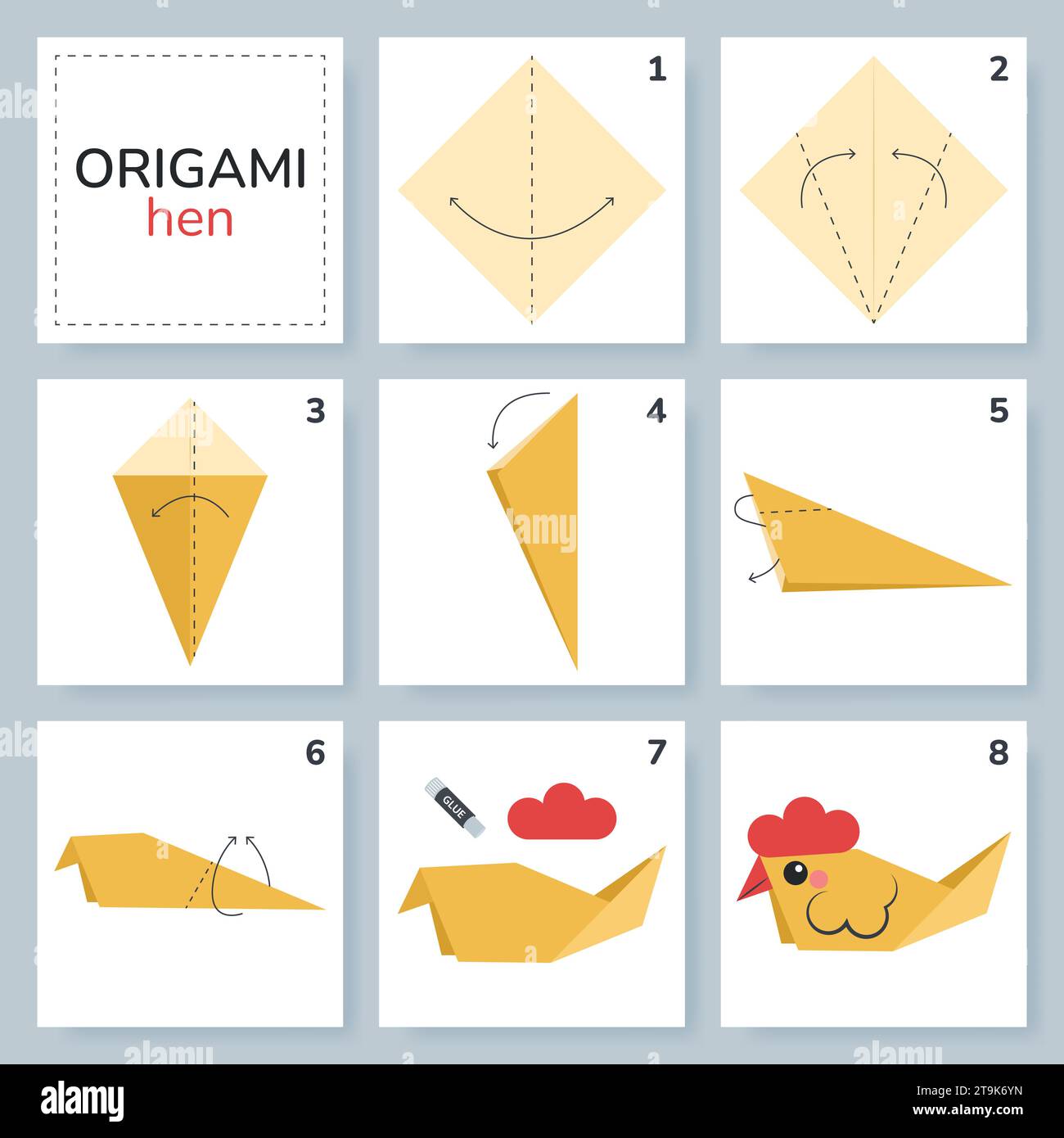Origami tutorial for kids. Origami cute hen. Stock Vector