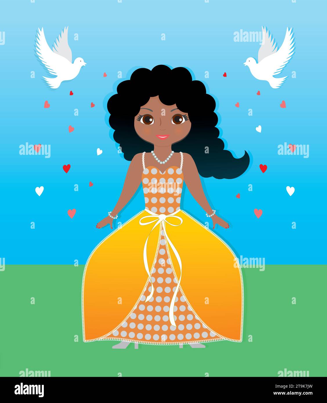 Cute Cinderella girl with pigeons and hearts. Vector illustration. Stock Vector