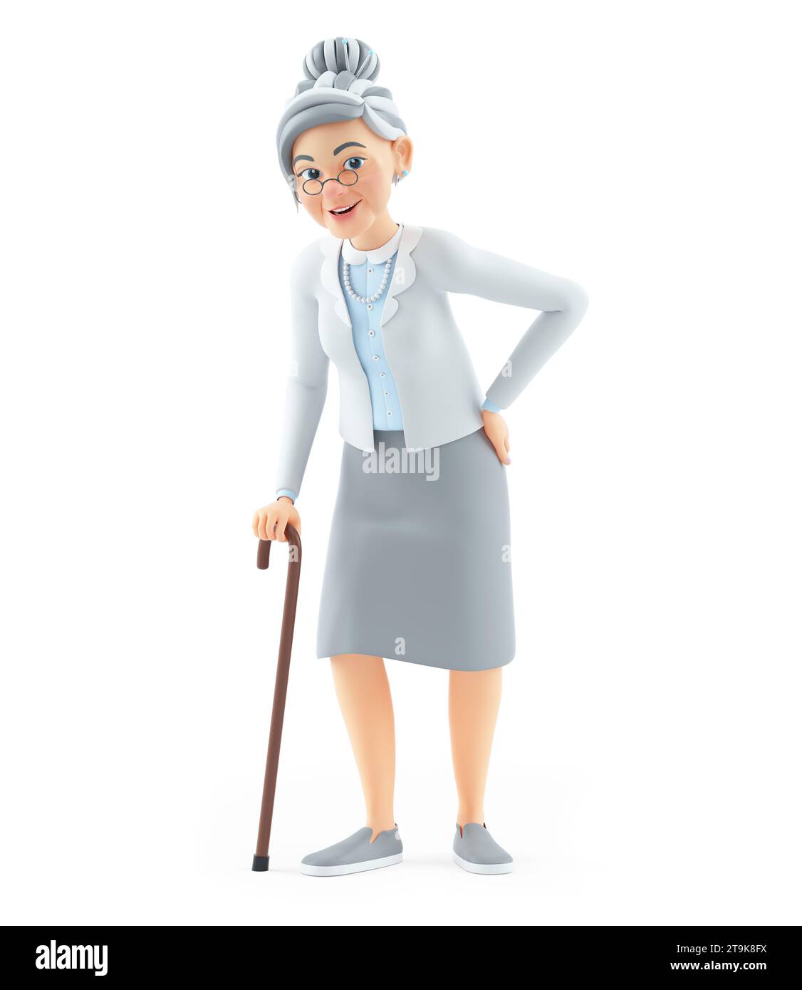 3d cartoon granny standing with cane, illustration isolated on white background Stock Photo