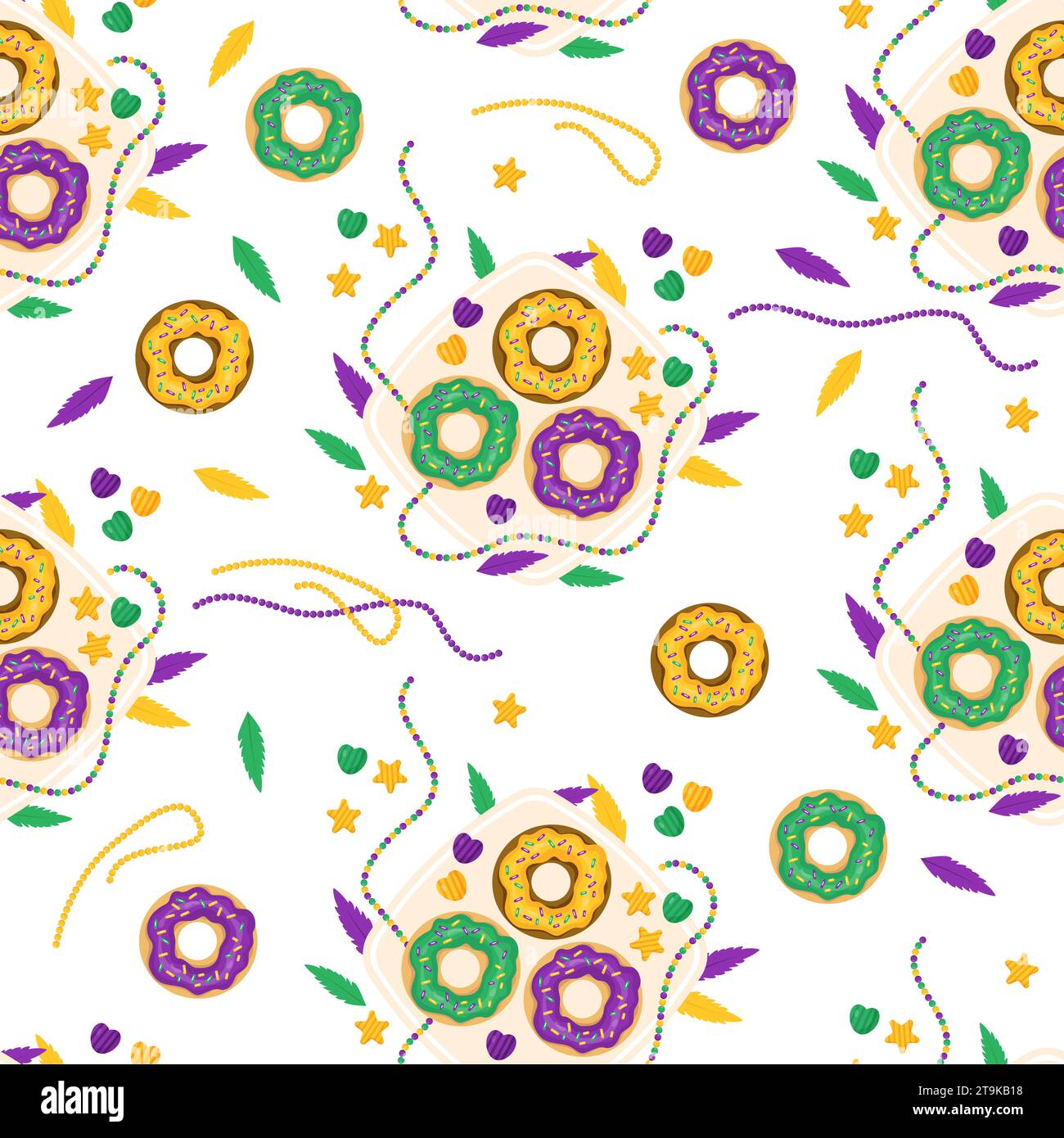 King Cake seamless pattern. Festive donuts on plate with colorful icing, beads, necklaces and feathers on white background. Mardi Gras carnival food. Stock Vector