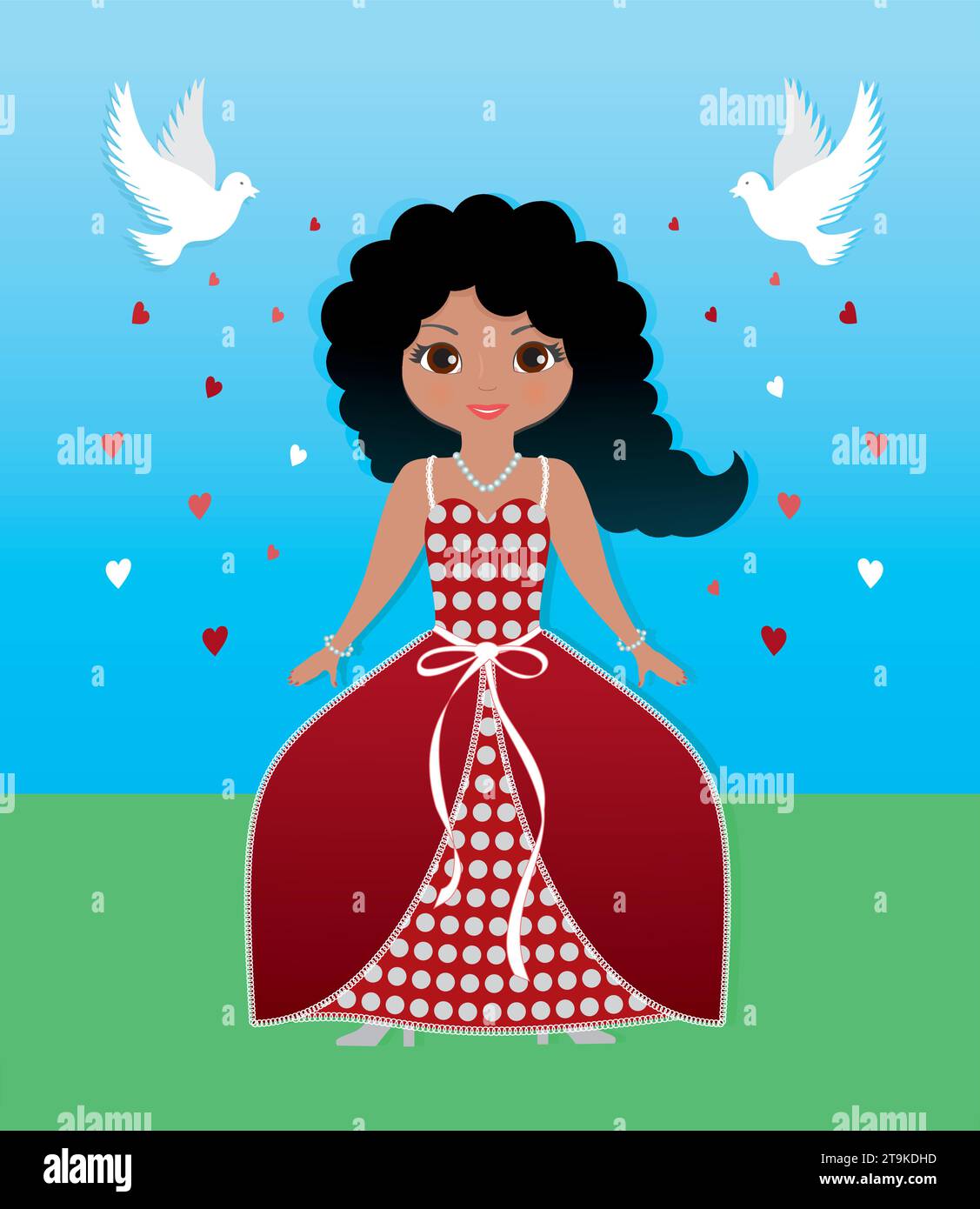 Lovely girl as Cinderella princess with pigeons flying spreading hearts. Vector illustration. Stock Vector