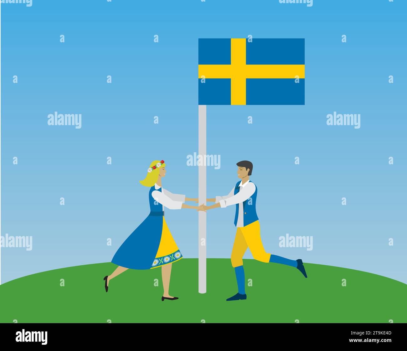 Celebration in Sweden of national day in 6 june with dance around Swedish flag. People dressed in traditional Swedish clothes. Vector illustration. Stock Vector