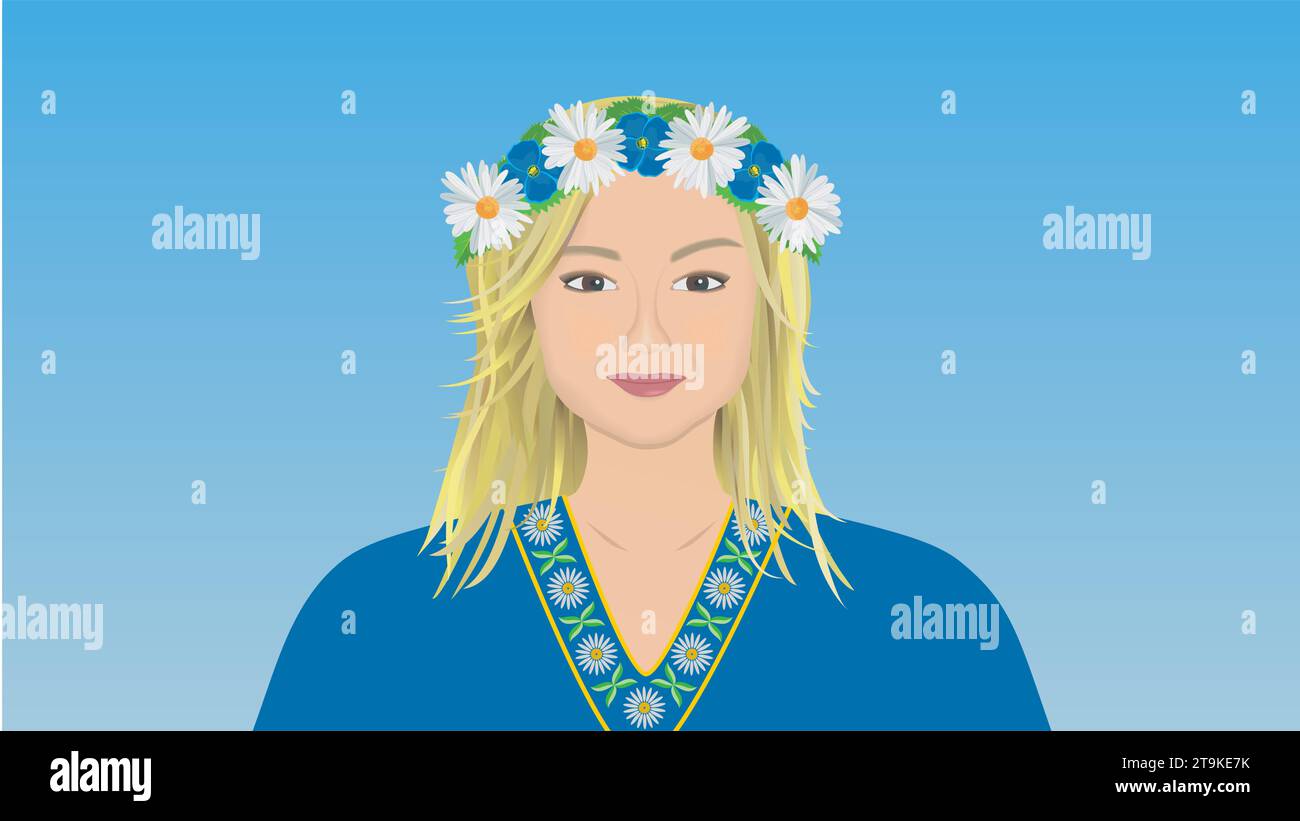 Swedish traditional woman with colors of Swedish flag in dress. Vector illustration. Stock Vector