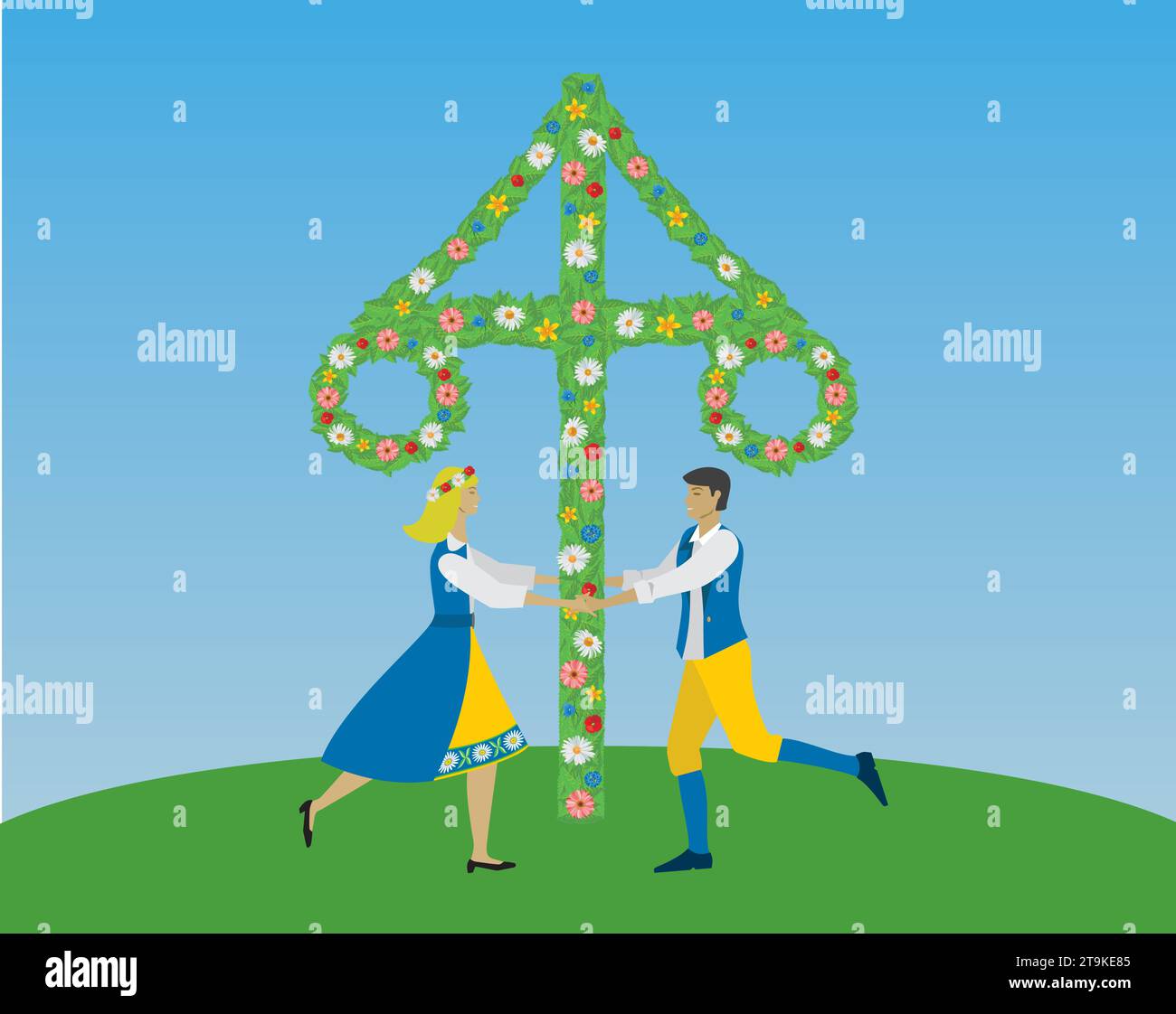 Midsummer dance. Celebration in Sweden in june with dance around may pole. People dressed in traditional Swedish clothes. Vector illustration. Stock Vector