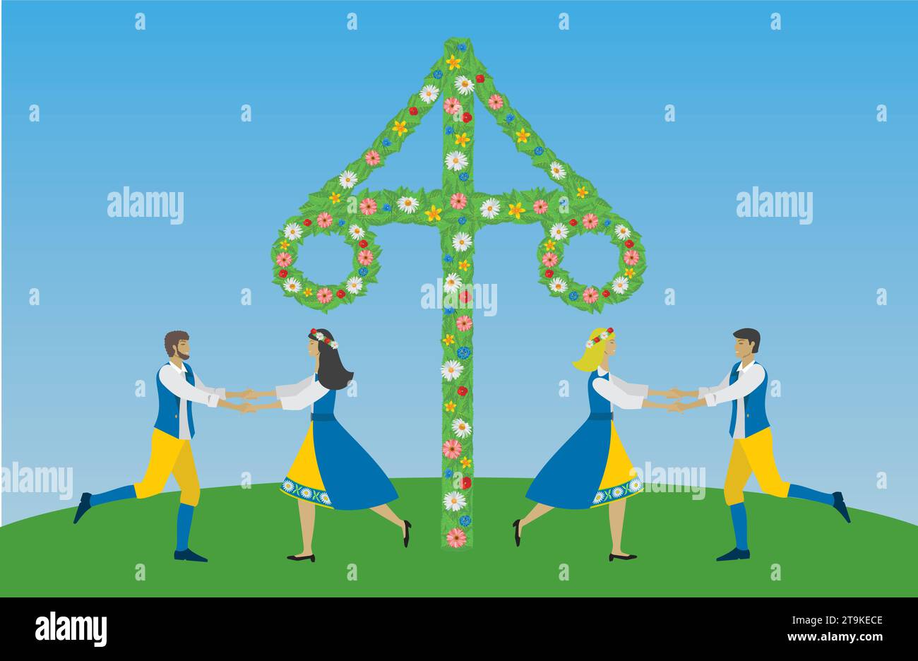 Midsummer dance. Celebration in Sweden in june with dance around may pole. People dressed in traditional Swedish clothes. Vector illustration. Stock Vector