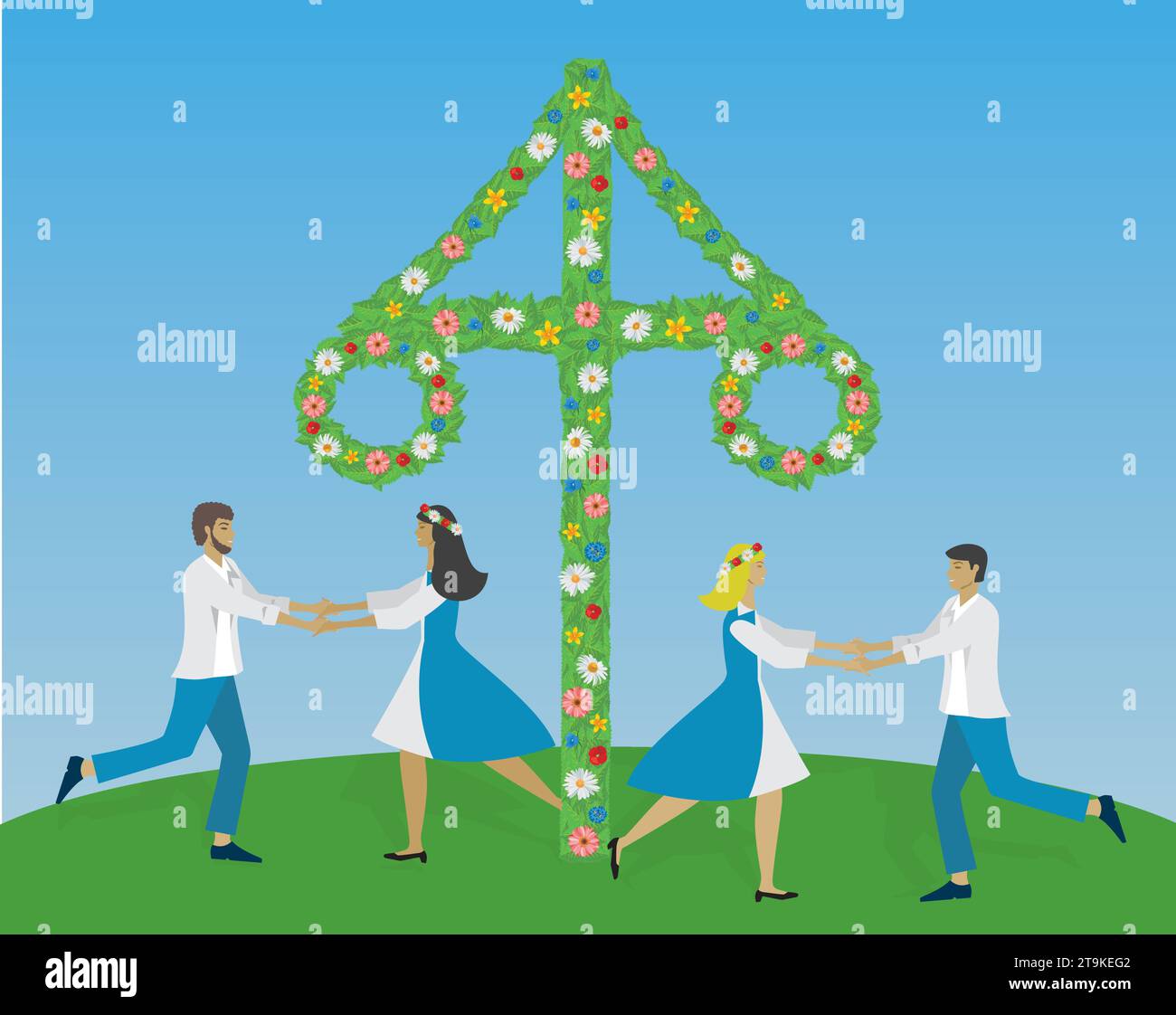 Midsummer dance. Celebration in Finland in june with dance around may pole. People dressed in traditional Finnish clothes. Vector illustration. Stock Vector