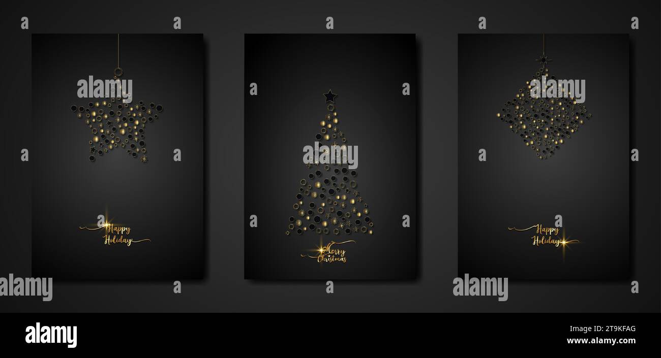 Set black card of Merry Christmas and Happy Holiday, greeting cards ...