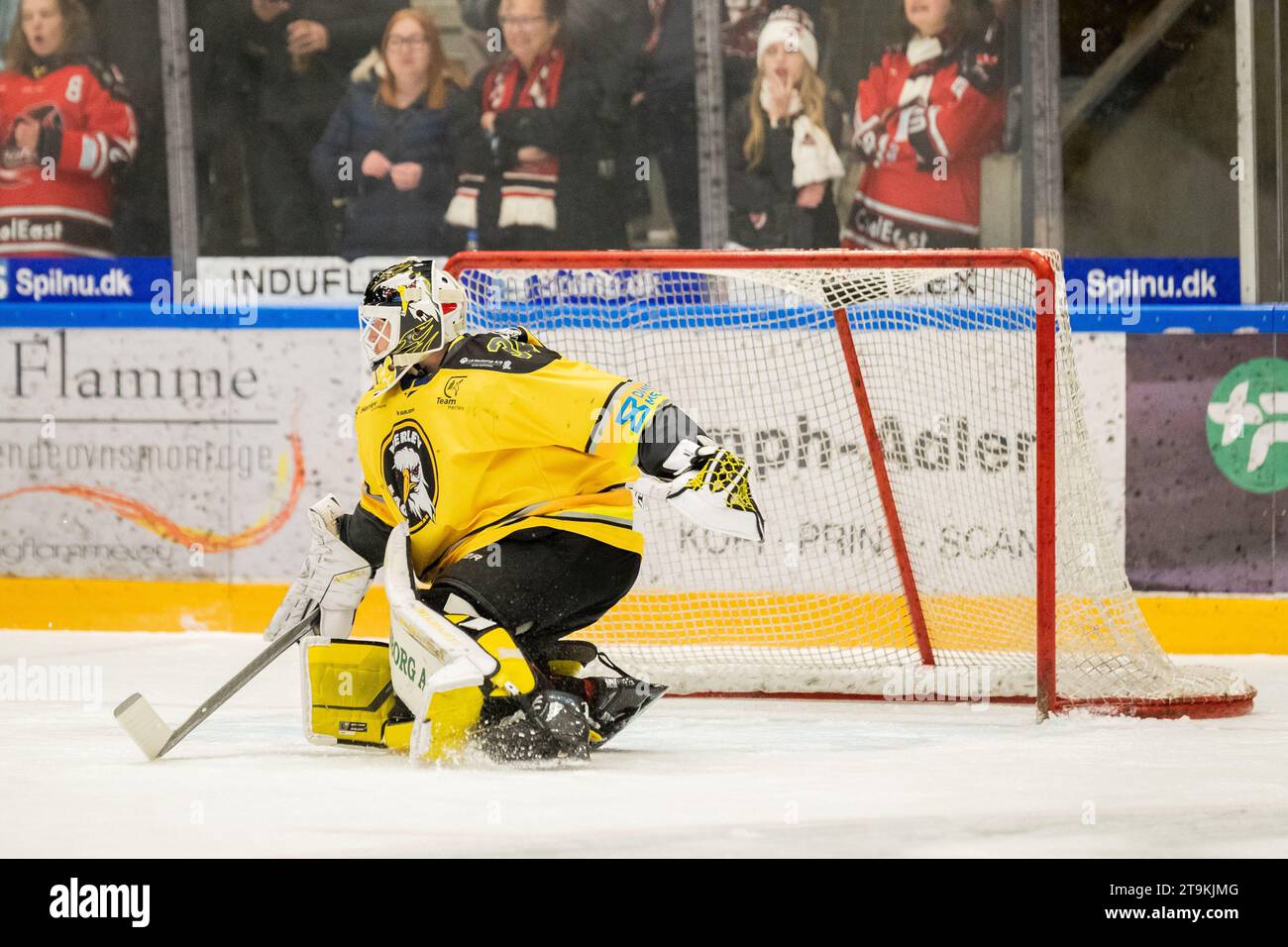 Aalborg, Denmark. 24th, November 2023. Erik Hanses (34) of Herlev Eagles seen during the Metal Liga ice hockey match between Aalborg Pirates and Herlev Eagles at Sparekassen Danmark Isarena in Aalborg. (Photo credit: Gonzales Photo - Balazs Popal). Stock Photo